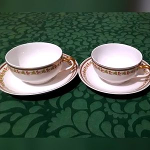 Set of 2 Haviland & Co. Limoges "Red Flowers & Green Clover" Cups & Saucers